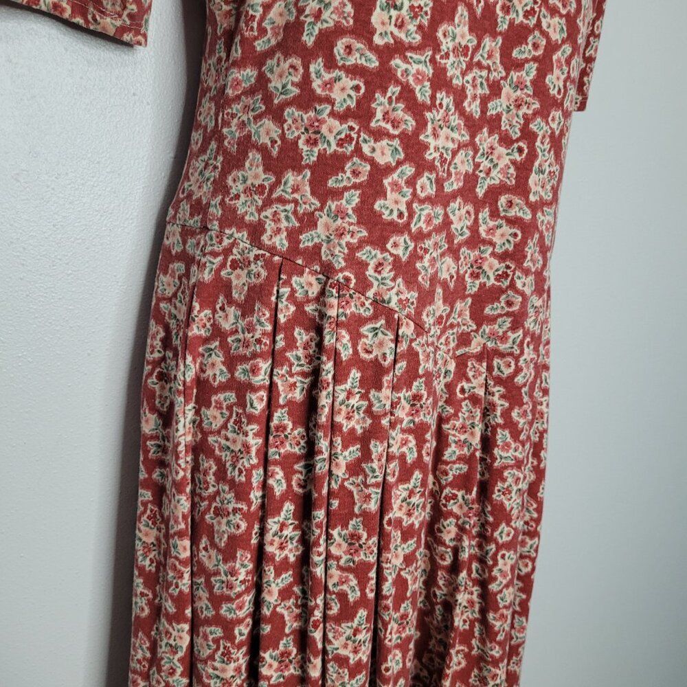Vintage 90s red floral trad wife cottagecore drop waist half sleeve midi dress 9 - Picture 3 of 7